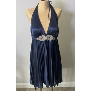 Y2K Xscape Joanna Chen Dress Halter Bling Rhinestone Accordion Pleat Navy Sz 12